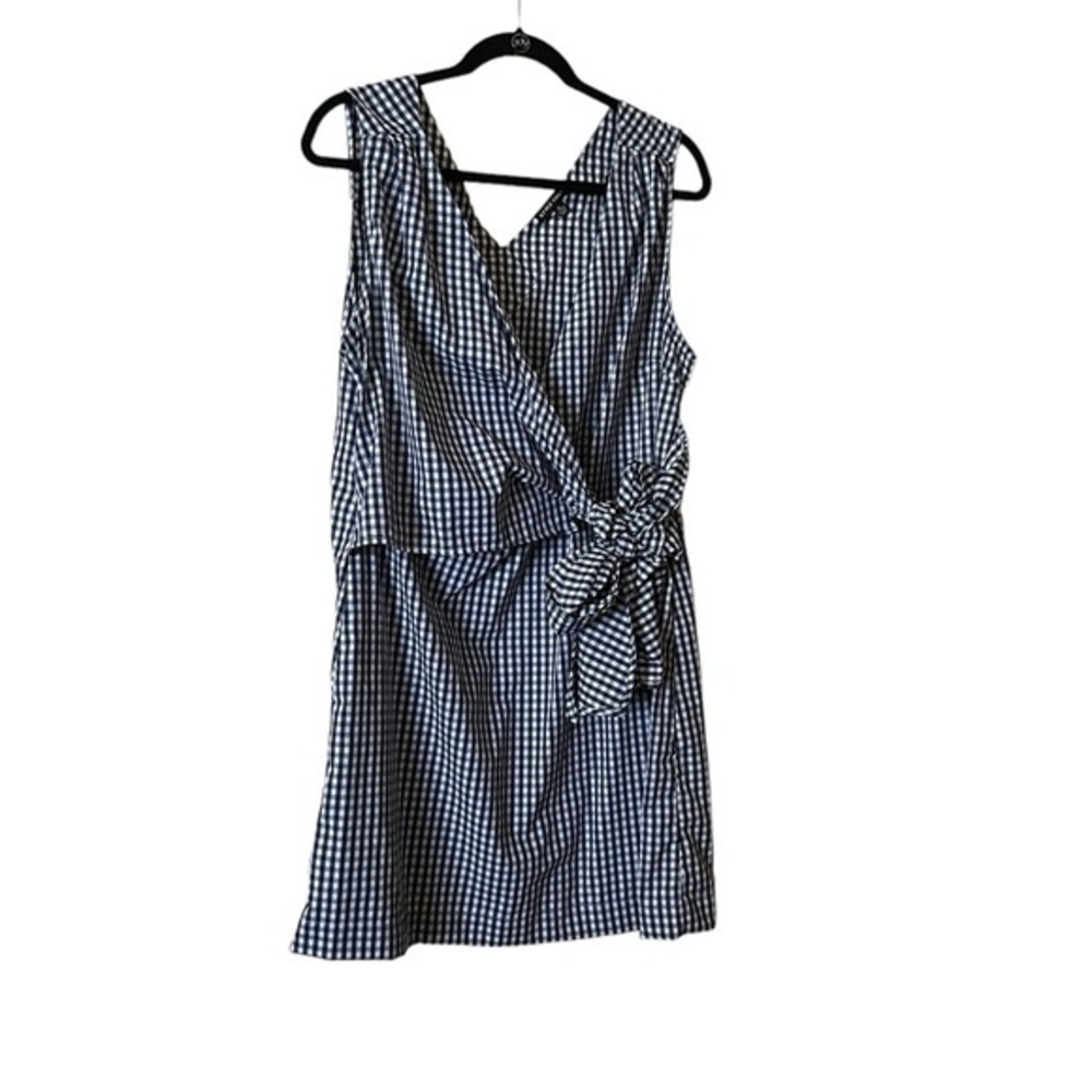 NWOT STYLE ENVY cotton blend blue gingham short sleeveless side tie wrap dress